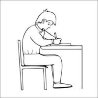 jongen schrijft achter de bureau. hand getekend tekening van schooljongen schrijven in een leerboek. vector, bewerkbaar, geïsoleerd Aan wit. vector