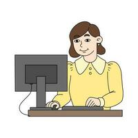 vrouw in een pak zittend Bij de bureau en werken Aan de computer. professioneel kantoor arbeider Bij de werkplek. vector illustratie in tekenfilm stijl geïsoleerd Aan wit achtergrond