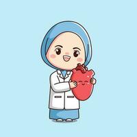 schattig cardioloog vrouw hijab dokter Holding hart kawaii chibi vlak geschetst karakter vector