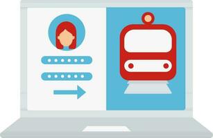 vrouw Log in trein reservering website in laptop scherm rood en blauw icoon. vector