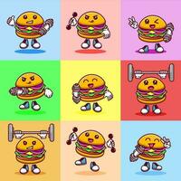 reeks van vector illustratie van kawaii hamburger tekenfilm karakter met halter. vector eps 10