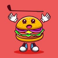 vector illustratie van kawaii hamburger tekenfilm karakter met stok golf en bal. vector eps 10