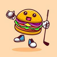 vector illustratie van kawaii hamburger tekenfilm karakter met stok golf en bal. vector eps 10