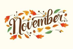 november belettering met herfst decoratie vector