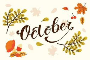 oktober belettering met herfst decoratie vector