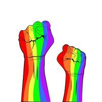 homo trots. lgbt concept. regenboog gekleurde hand- met vuist verheven omhoog geïsoleerd Aan wit achtergrond. vector