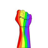 vuist verheven omhoog regenboog gekleurde hand. lgbt concept. vector