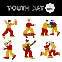 tekenfilm jong Mens genieten jeugd dag met drankjes, pizza, gitaar, boksen, en het schaatsen in verschillend platform. vector