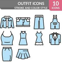 10 kleding icoon of symbool in zwart beroerte en blauw kleur gevuld. vector