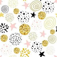 schattig naadloos patroon polka punt sterren abstract ornament versierd gouden, roze, zwart hand- getrokken cirkels, ronde vormen vector illustratie voor behang inpakken goud dots sparkles schijnend dots achtergrond