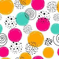 schattig naadloos patroon polka punt abstract ornament in oranje roze blauw zwart kleuren hand- getrokken cirkels, ronde vormen vector illustratie voor behang, inpakken goud stippen, schittert, schijnend dots achtergrond