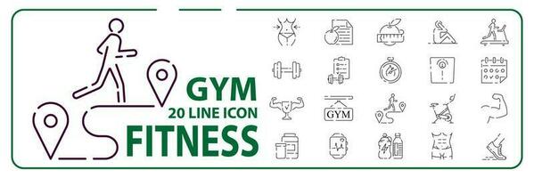 fitheid, Sportschool en sport lijn pictogrammen set. gezond levensstijl symbolen. vector lijn stijl.