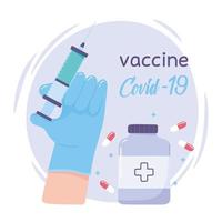 vaccin hand met spuit geneeskunde capsules coronavirus covid 19 vector