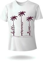 Hallo zomer tijd typografie met zee strand visie palm boom vector t-shirt ontwerp eps 10