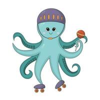 een schattig Octopus in een helm Aan rol schaatsen, houdt een snoep bar met een tentakel. vector illustratie in tekenfilm stijl Aan een wit achtergrond. schattig tekenfilm zee dier voor ansichtkaarten of stickers.