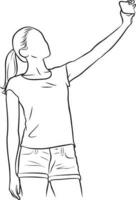 vrouw Holding camera selfie lijn tekening. vector