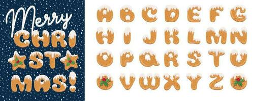 handgemaakt Kerstmis peperkoek koekjes alfabet set. tekenfilm stijl lettertype. kunst ontwerp brief. feestelijk belettering groet kaart Aan winter sneeuw achtergrond vector