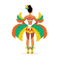 terug visie van mooi jong vrouw vervelend veer kostuum in staand houding. carnaval of samba dans concept. vector