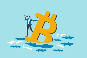 bitcoin prijs omlaag toekomst van crypto-valutaprijs of visie om cryptocurrency marktconcept te zien zakenman investeerder staande op verdrinking bitcoin-symbool met behulp van telescoop om toekomst te zien vector