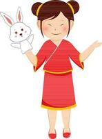 karakter van Chinese jong meisje vervelend konijn marionet handschoen in een hand. vector