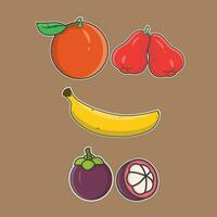 tekenfilm fruit oranje, mangosteen, banaan en guava vector