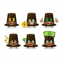 bruin pelgrims hoed tekenfilm karakter met schattig emoticon brengen geld vector