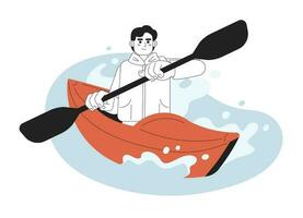 kajakken wedstrijd concept held afbeelding. zee kayaker 2d tekenfilm schets karakter Aan wit achtergrond. vrije tijd werkzaamheid. raften geïsoleerd zwart en wit illustratie. vector kunst voor web ontwerp ui