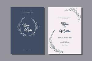 minimalistische dubbele kant bruiloft uitnodiging sjabloon met hand- getrokken bladeren en bloemen decoratie gemakkelijk stijl vector