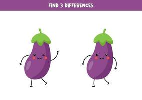 vind drie verschillen tussen twee afbeeldingen van schattig kawaii aubergines. vector