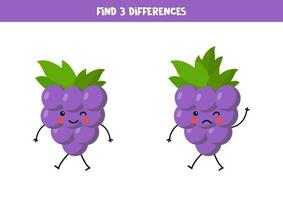 vind drie verschillen tussen twee afbeeldingen van schattig kawaii druiven. vector