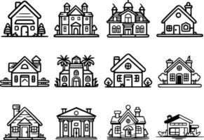 12 huis icoon set, geïsoleerd, zwart contouren vector