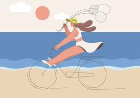 gelukkig vrouw vervelend wit zwempak Aan fiets met Holding ballon in de strand. vector ontwerp illustratie.