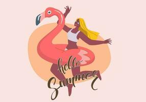 laat de zomer beginnen. jong vrouw rijden Aan opblaasbaar flamingo jumping in de zee, hebben pret en verfrissend Aan een heet zomer dag. vector ontwerp illustratie.