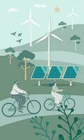 mannen en Dames rijden fietsen in wind boerderijen dat produceren elektriciteit, tekens leven gezond levensstijl. vector