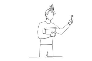 een Mens Holding een verjaardag geschenk en kaarsen vector