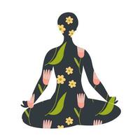 silhouet van vrouw in lotus positie met achtergrond van mooi bloemen. consept van mentaal Gezondheid. vlak vector illustratie.