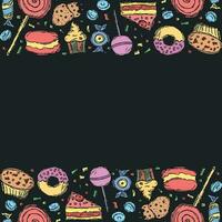getrokken snoepgoed achtergrond. tekening voedsel illustratie met snoepgoed en plaats voor tekst vector