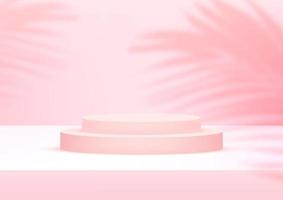 lege podium studio roze achtergrond met palmbladeren voor productvertoning vector