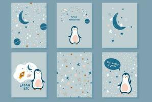 baby kosmisch reeks van kaarten met pinguïn en sterren. kosmos thema. posters met ruimte in Scandinavisch stijl. schattig vector illustraties voor interieur decoreren, kleding stof, baby kleren.