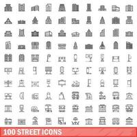 100 straat pictogrammen set, schets stijl vector