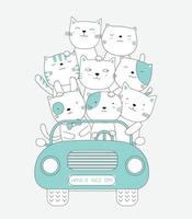 cartoon schets de kat schattige dieren met de roze auto vector