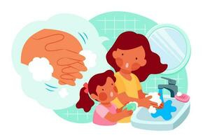 mam is onderwijs haar dochter hoe naar wassen handen naar behoren met zeep, covid-19 hygiëne Promotie in vlak stijl vector