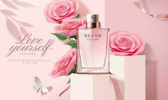 elegant parfum advertenties met papier licht roze rozen decoraties in 3d illustratie vector