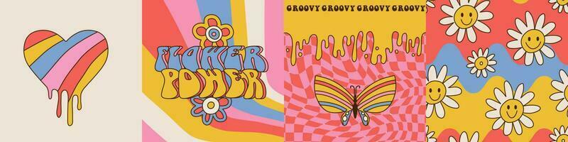 groovy hippie jaren 70 plein kaarten reeks . bloem macht trippy psychedelisch banners - madeliefje bloemen, smelten golvend strepen in retro tekenfilm stijl voor geval telefoon, affiches, kaarten, sociaal media verhalen. vector. vector