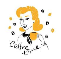 meisje drankjes Koffietijd naar drinken koffie.de meisje houdt een kop van koffie in haar hand.vector illustratie. vector