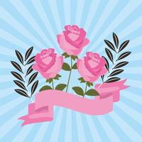 roze rozen bloem bladeren lint decoratie vector