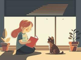 jong meisje karakter lezing boek met schattig kat zitten, fabriek vaas Aan Open venster door gestreept rol jaloezieën. vector