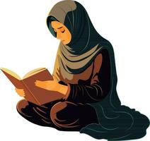 illustratie van jong moslim vrouw lezing koran boek in zittend houding. vector