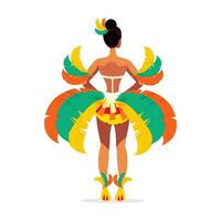 terug visie van mooi jong vrouw vervelend veer kostuum in staand houding. carnaval of samba dans concept. vector