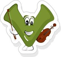 groen v alfabet tekenfilm karakter spelen viool icoon in sticker stijl. vector
